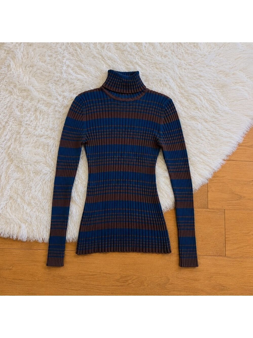 Vintage It's Our Time Striped Turtleneck Ribbed Sweater Blue Brown Womens L 90s